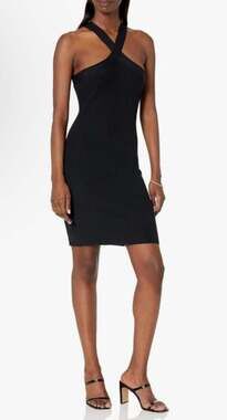 The Drop Brunia Halter Mini Sweater Dress Black Sz S Ribbed Bodycon Classic